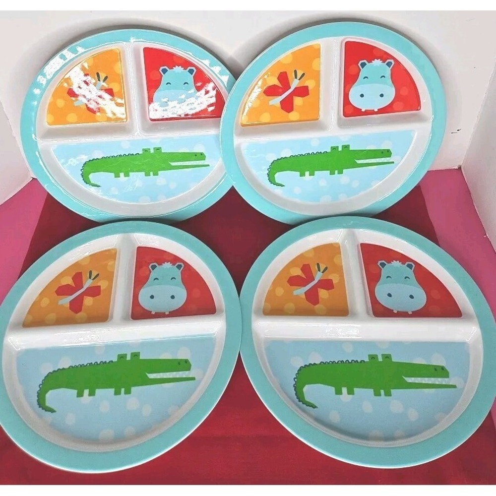 4 Kohl's Kids Large Butterfly Hippo Alligator Divided Melamine Plates Blue Red